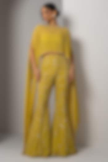 Buttercup Yellow Net Mother Of Pearl Embroidered Pant Set by Charu & Vasundhara at Pernia's Pop Up Shop