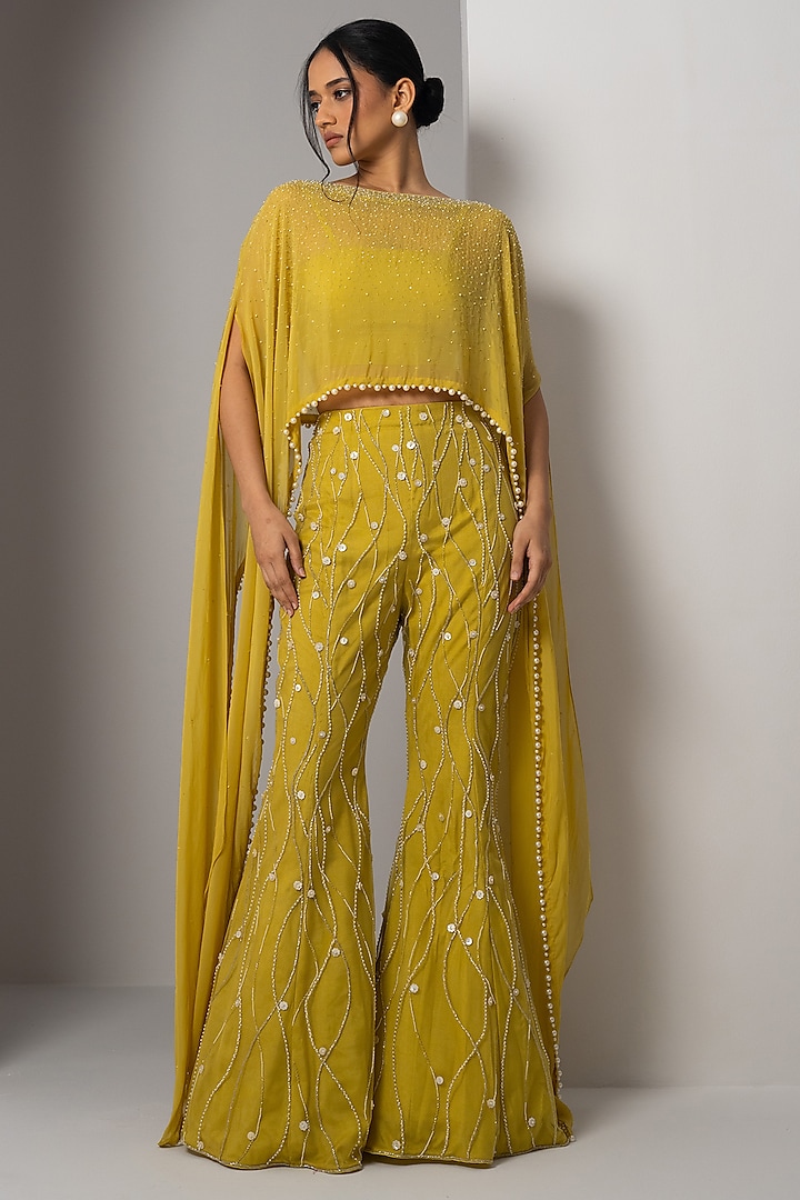 Buttercup Yellow Net Mother Of Pearl Embroidered Pant Set by Charu & Vasundhara at Pernia's Pop Up Shop