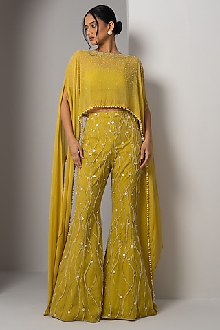 Buttercup Yellow Net Mother Of Pearl Embroidered Pant Set by Charu & Vasundhara