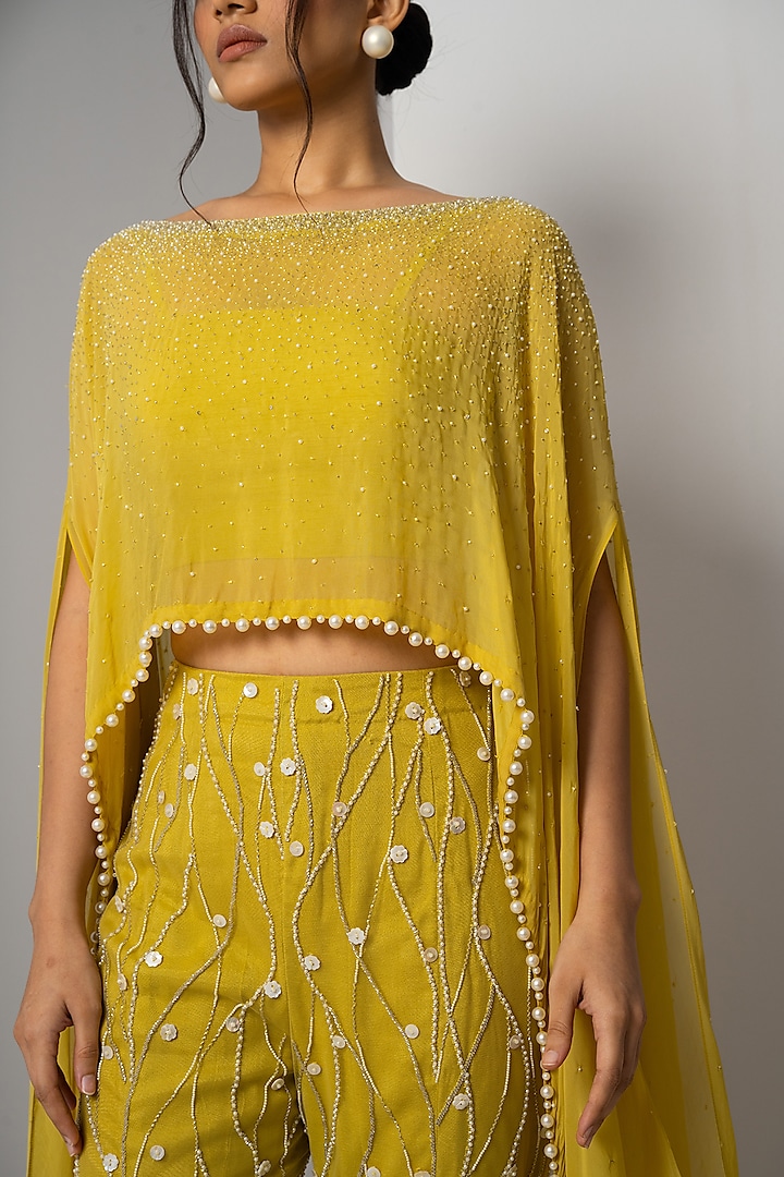 Buttercup Yellow Net Mother Of Pearl Embroidered Pant Set by Charu & Vasundhara at Pernia's Pop Up Shop