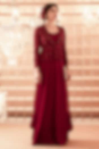 Red Net Hand Embroidered Jacket Set by Charu & Vasundhara at Pernia's Pop Up Shop