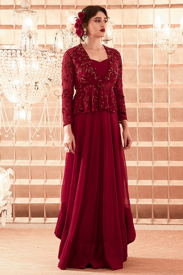 Red Net Hand Embroidered Jacket Set by Charu & Vasundhara at Pernia's Pop Up Shop