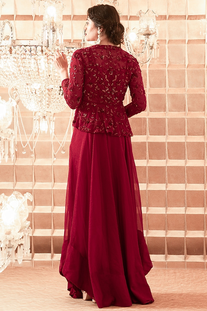 Red Net Hand Embroidered Jacket Set by Charu & Vasundhara at Pernia's Pop Up Shop