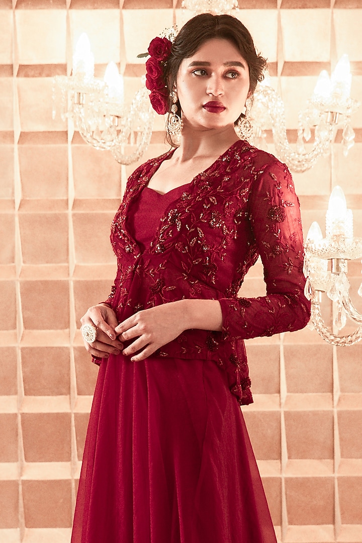 Red Net Hand Embroidered Jacket Set by Charu & Vasundhara at Pernia's Pop Up Shop
