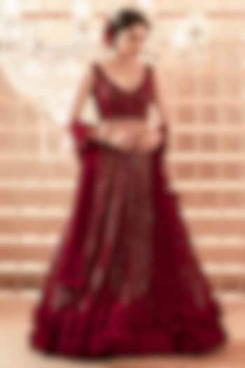 Red Net Hand Embroidered Wedding Lehenga Set by Charu & Vasundhara at Pernia's Pop Up Shop