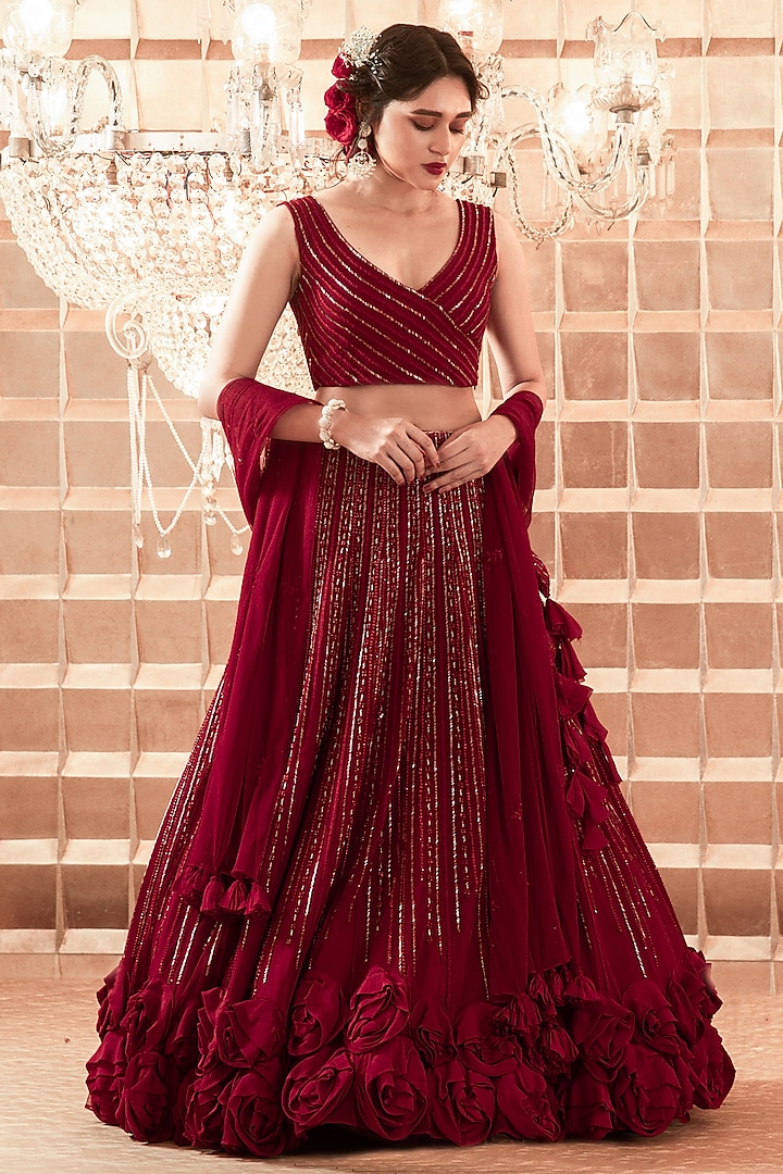 Red Net Hand Embroidered Wedding Lehenga Set by Charu & Vasundhara at Pernia's Pop Up Shop