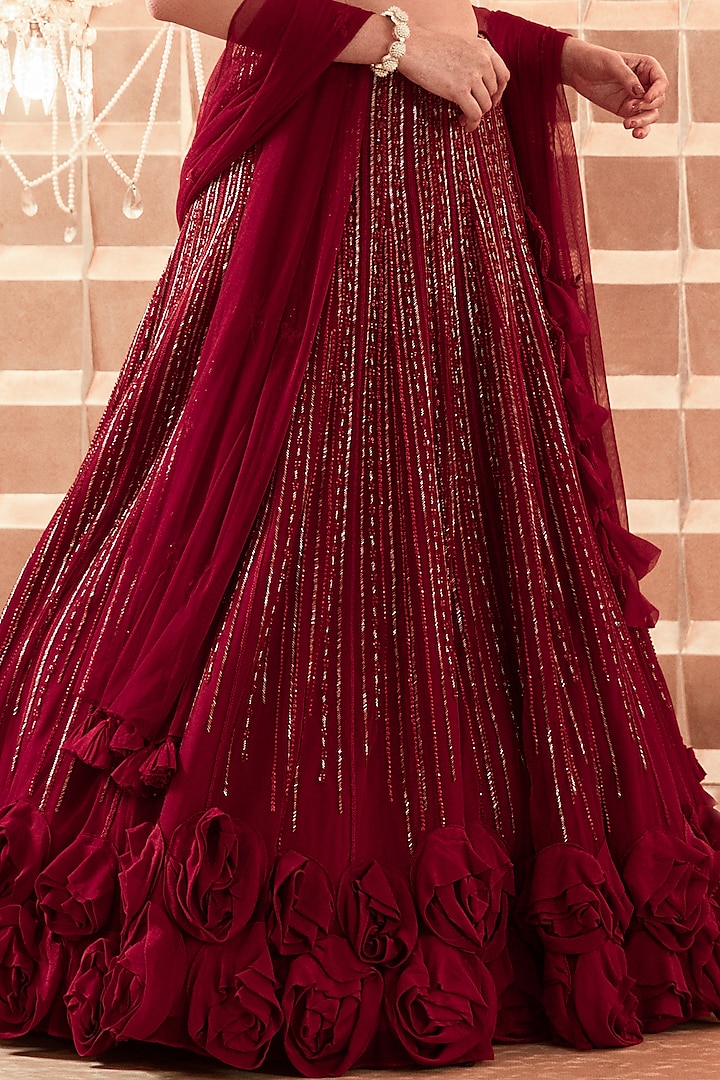 Red Net Hand Embroidered Wedding Lehenga Set by Charu & Vasundhara at Pernia's Pop Up Shop