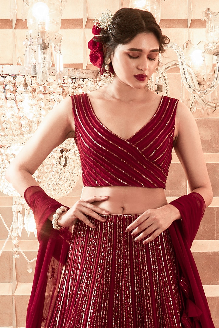 Red Net Hand Embroidered Wedding Lehenga Set by Charu & Vasundhara at Pernia's Pop Up Shop