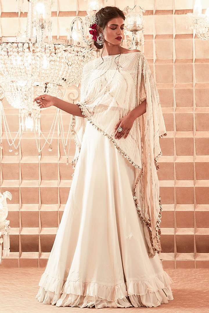 Ivory Organza Frilled Skirt Set by Charu & Vasundhara at Pernia's Pop Up Shop