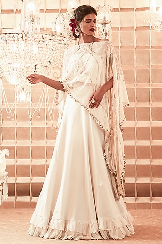 Ivory Organza Frilled Skirt Set by Charu & Vasundhara