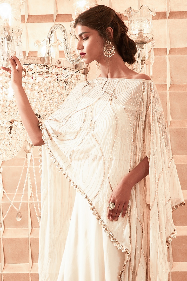 Ivory Organza Frilled Skirt Set by Charu & Vasundhara at Pernia's Pop Up Shop