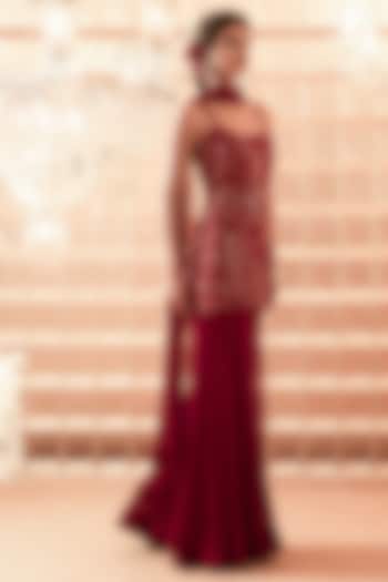 Red Georgette Hand Embroidered Wedding Sharara Set by Charu & Vasundhara at Pernia's Pop Up Shop