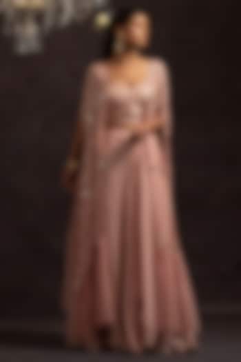 Blush Pink Crepe & Organza Skirt Set by Charu & Vasundhara at Pernia's Pop Up Shop