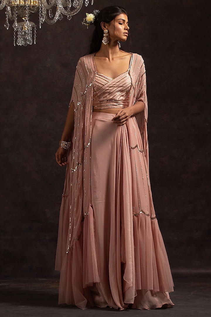 Blush Pink Crepe & Organza Skirt Set by Charu & Vasundhara at Pernia's Pop Up Shop