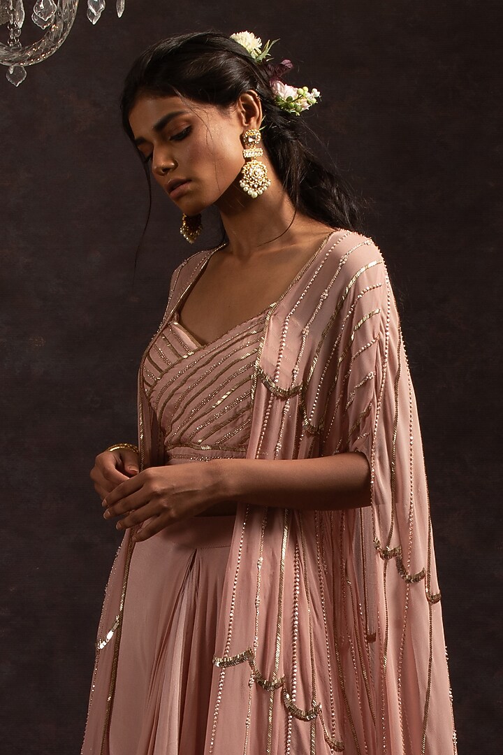 Blush Pink Crepe & Organza Skirt Set by Charu & Vasundhara at Pernia's Pop Up Shop