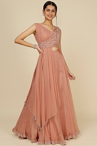 Blush Pink Embroidered Jacket Lehenga Set by Charu & Vasundhara