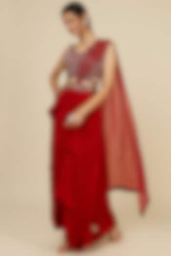 Red Crepe Skirt Saree Set by Charu & Vasundhara