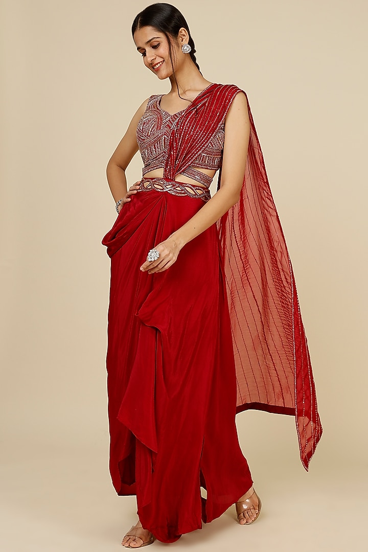 Red Crepe Skirt Saree Set by Charu & Vasundhara at Pernia's Pop Up Shop