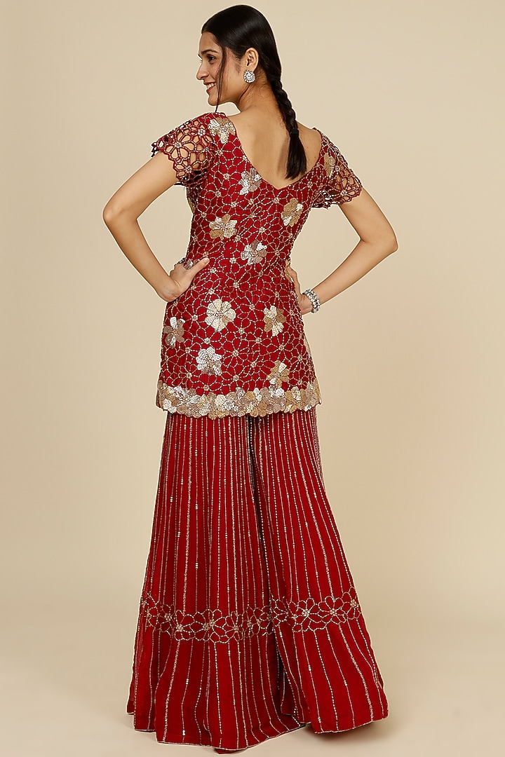 Red Organza Embroidered Wedding Sharara Set by Charu & Vasundhara at Pernia's Pop Up Shop