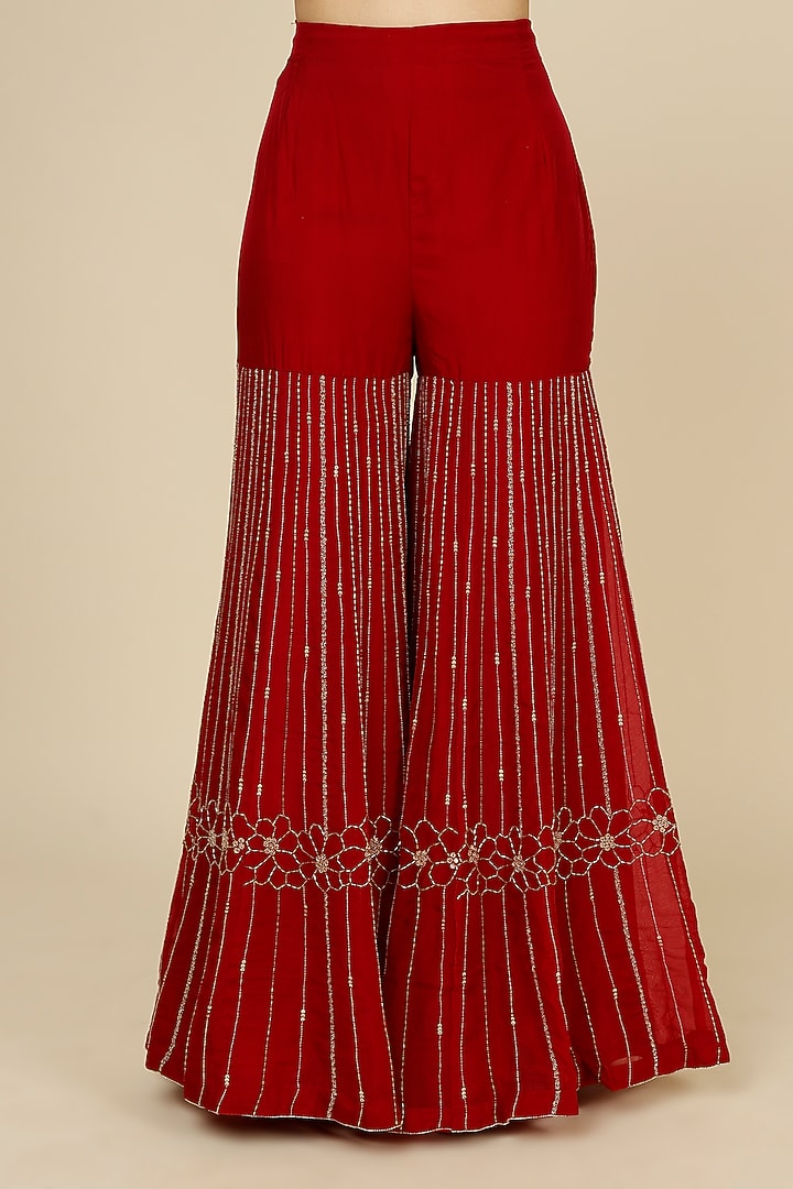 Red Organza Embroidered Wedding Sharara Set by Charu & Vasundhara at Pernia's Pop Up Shop