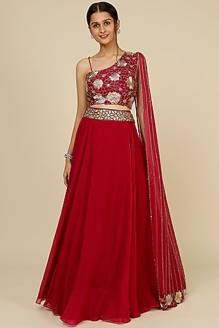 Red Embroidered Lehenga Set by Charu & Vasundhara