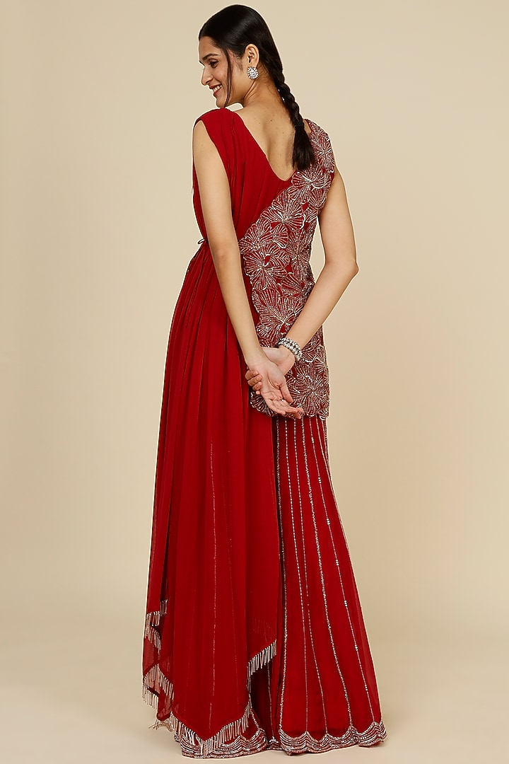 Red Organza Embellished Wedding Sharara Set by Charu & Vasundhara at Pernia's Pop Up Shop