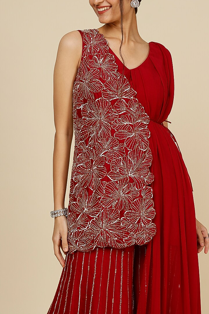 Red Organza Embellished Wedding Sharara Set by Charu & Vasundhara at Pernia's Pop Up Shop
