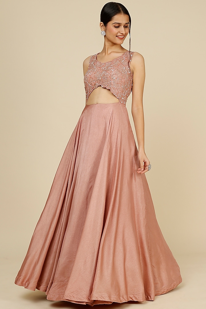 Blush Pink Embroidered Party Wear Gown by Charu & Vasundhara at Pernia's Pop Up Shop