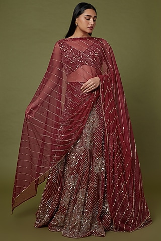 Red Embroidered Lehenga Set by Charu & Vasundhara