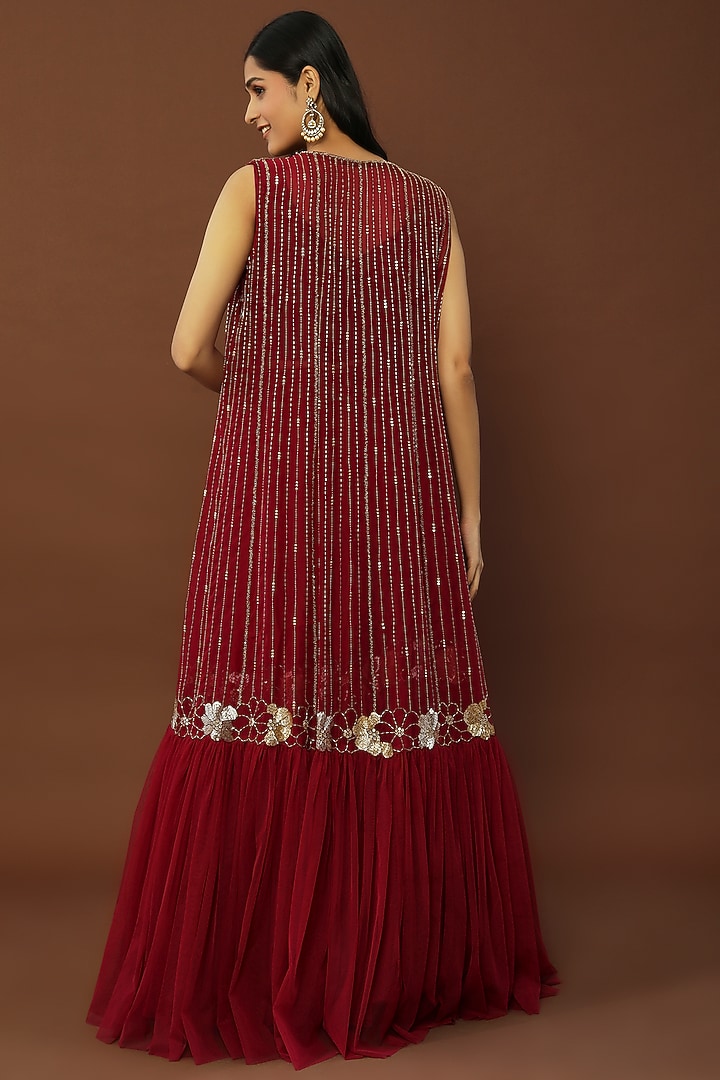Maroon Embroidered Jacket Wedding Lehenga Set by Charu & Vasundhara at Pernia's Pop Up Shop