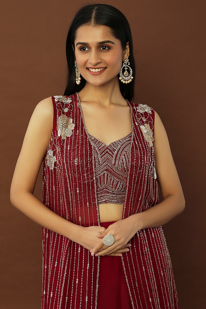 Maroon Embroidered Jacket Wedding Lehenga Set by Charu & Vasundhara at Pernia's Pop Up Shop