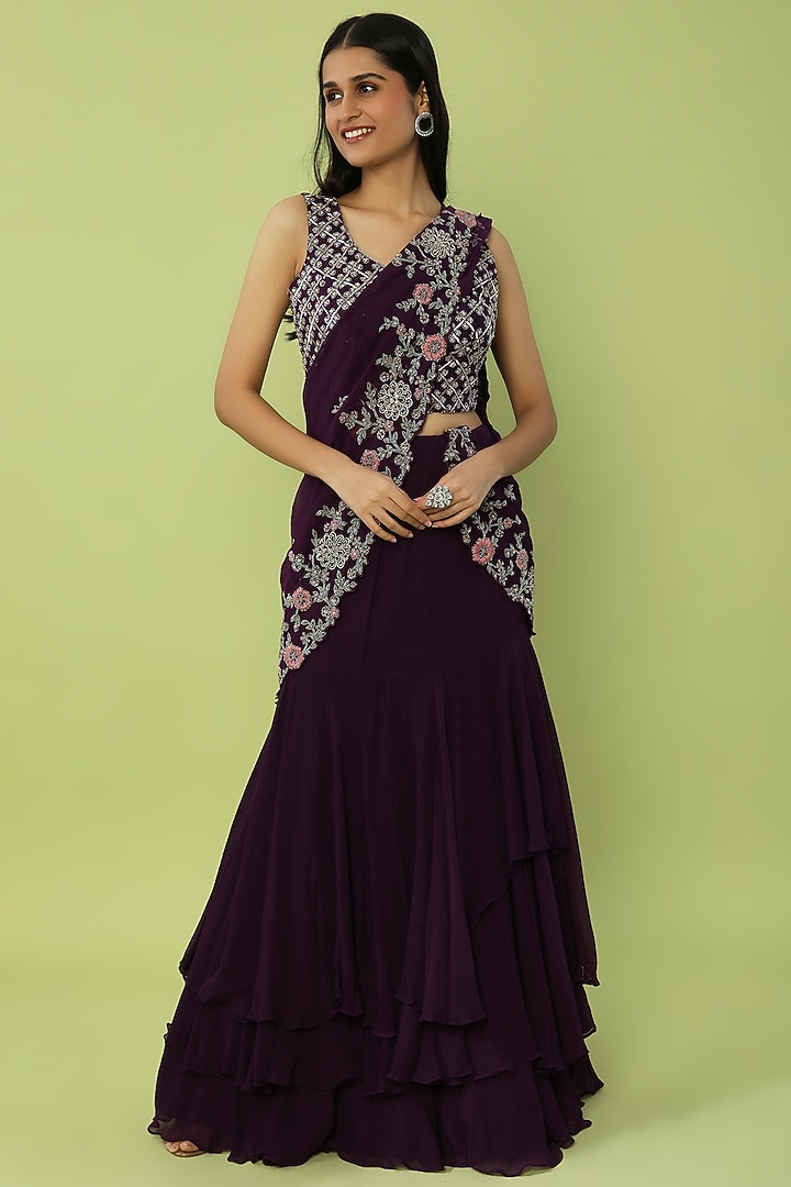 Purple Organza Hand Embroidered Wedding Lehenga Saree Set by Charu & Vasundhara at Pernia's Pop Up Shop