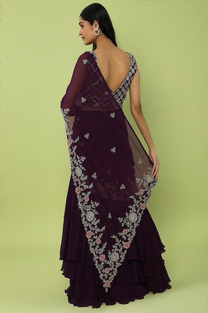 Purple Organza Hand Embroidered Wedding Lehenga Saree Set by Charu & Vasundhara at Pernia's Pop Up Shop
