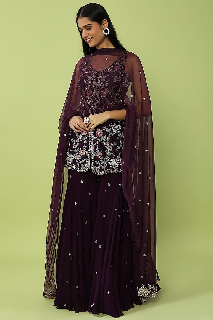 Purple Embroidered Sharara Set by Charu & Vasundhara at Pernia's Pop Up Shop