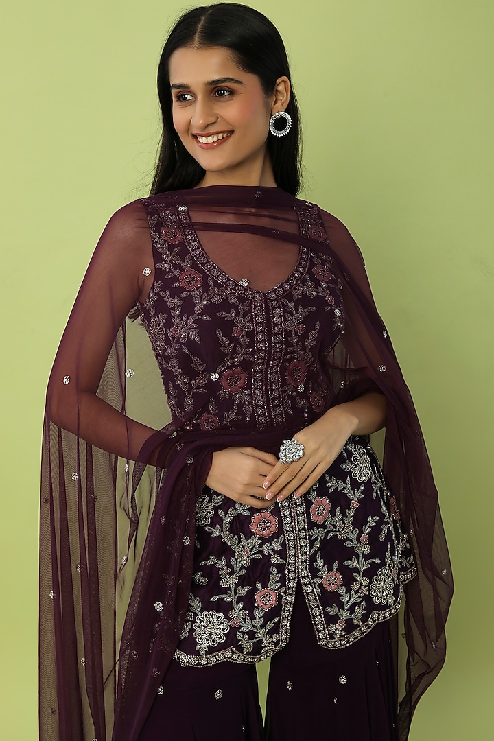 Purple Embroidered Wedding Sharara Set by Charu & Vasundhara at Pernia's Pop Up Shop