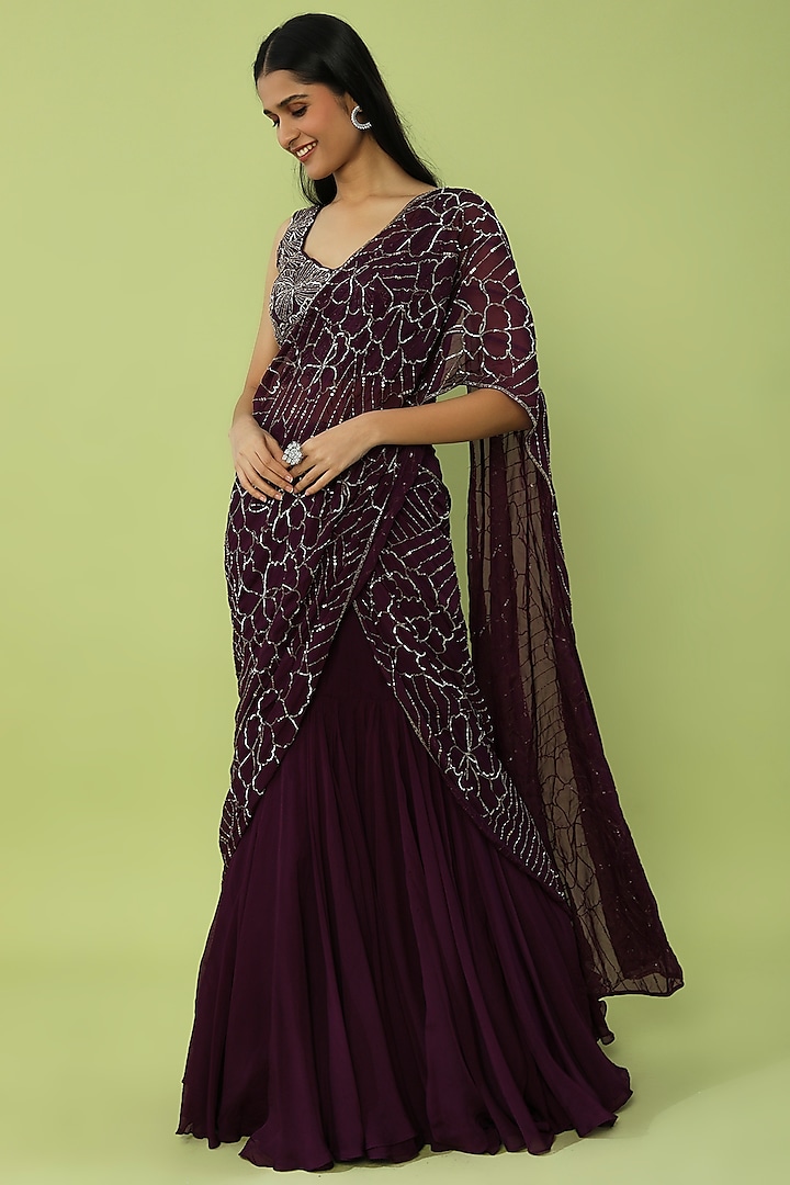 Purple Organza Hand Embroidered Lehenga Saree Set by Charu & Vasundhara