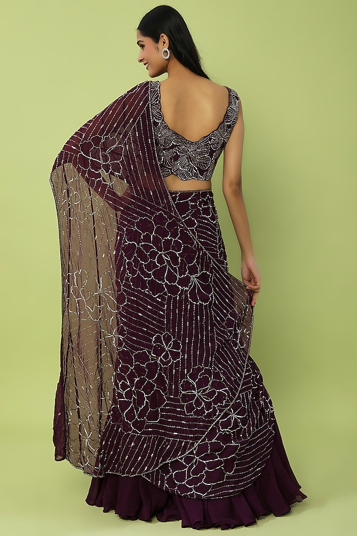 Purple Organza Hand Embroidered Wedding Lehenga Saree Set by Charu & Vasundhara at Pernia's Pop Up Shop