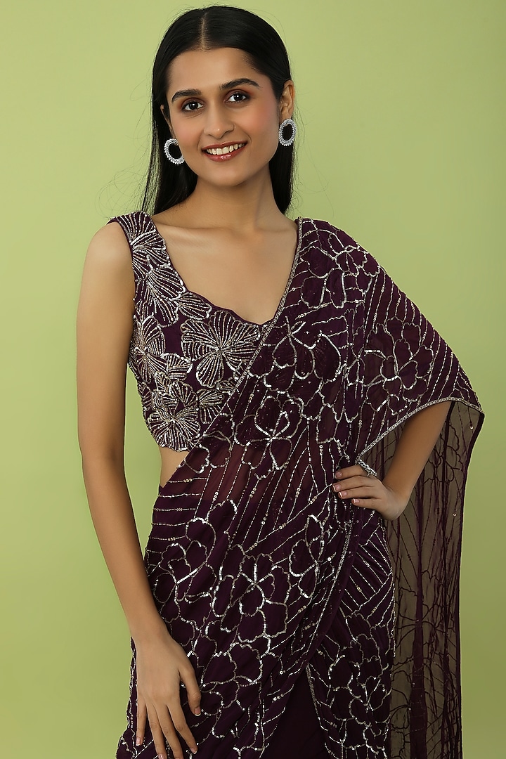 Purple Organza Hand Embroidered Wedding Lehenga Saree Set by Charu & Vasundhara at Pernia's Pop Up Shop