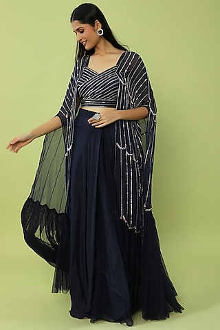 Midnight Blue Paper Silk Hand Embroidered Cape Set by Charu & Vasundhara