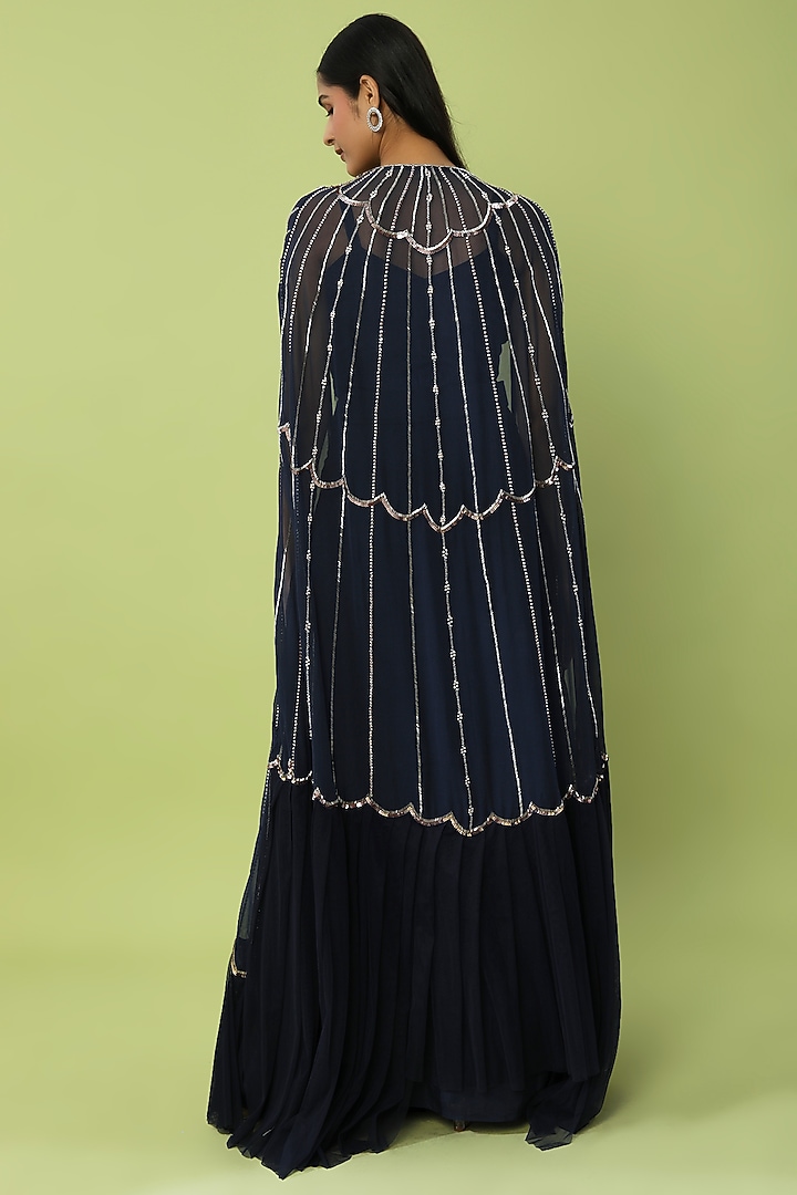 Midnight Blue Paper Silk Hand Embroidered Cape Set by Charu & Vasundhara at Pernia's Pop Up Shop