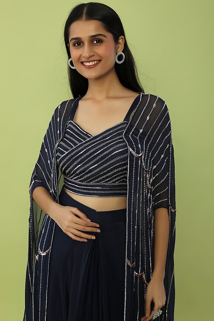 Midnight Blue Paper Silk Hand Embroidered Cape Set by Charu & Vasundhara at Pernia's Pop Up Shop