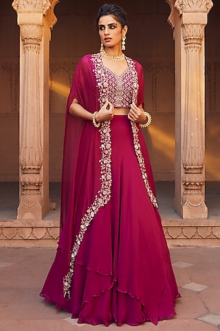 Raspberry Pink Hand Embroidered Handkerchief Lehenga Set by Charu & Vasundhara