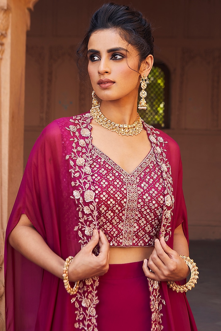 Raspberry Pink Hand Embroidered Handkerchief Wedding Lehenga Set by Charu & Vasundhara at Pernia's Pop Up Shop