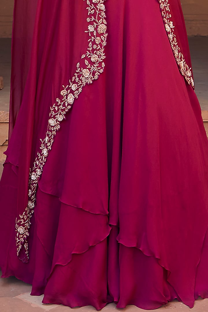 Raspberry Pink Hand Embroidered Handkerchief Wedding Lehenga Set by Charu & Vasundhara at Pernia's Pop Up Shop