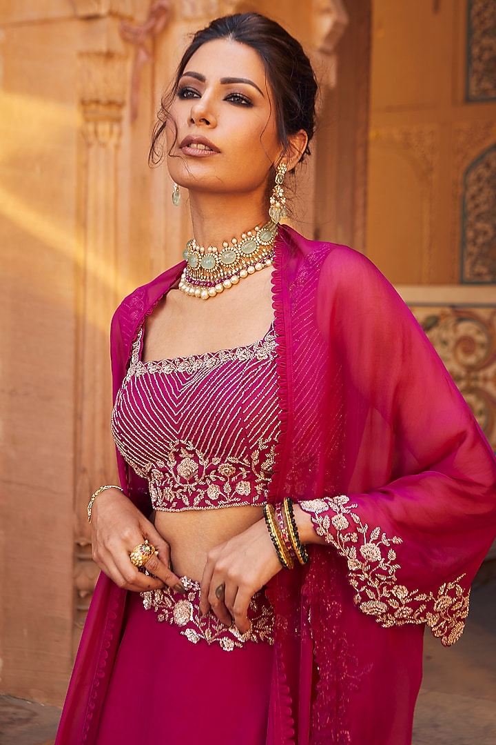 Raspberry Pink Hand Embroidered Wedding Lehenga Set by Charu & Vasundhara at Pernia's Pop Up Shop