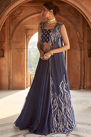 Medieval Blue Georgette Embroidered Jacket Wedding Lehenga Set by Charu & Vasundhara at Pernia's Pop Up Shop