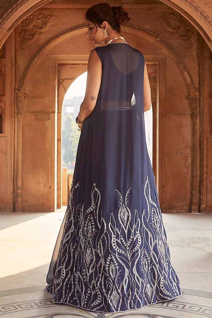 Medieval Blue Georgette Embroidered Jacket Wedding Lehenga Set by Charu & Vasundhara at Pernia's Pop Up Shop