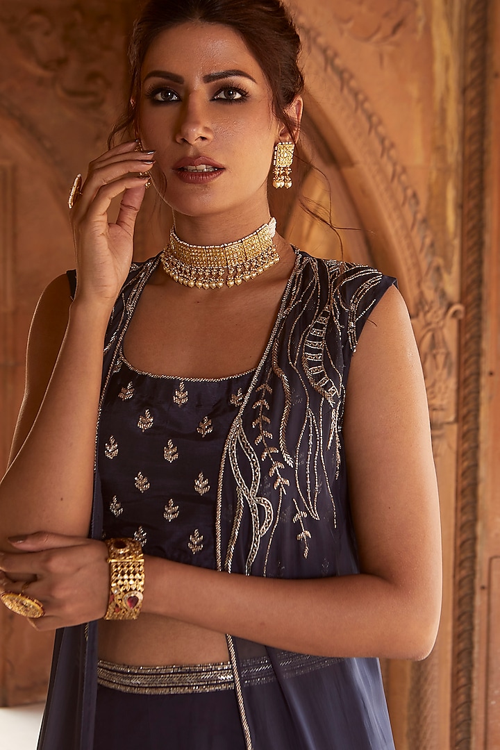 Medieval Blue Georgette Embroidered Jacket Wedding Lehenga Set by Charu & Vasundhara at Pernia's Pop Up Shop