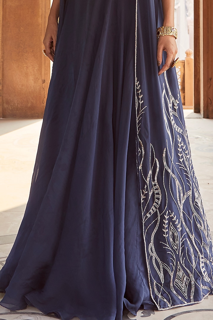 Medieval Blue Georgette Embroidered Jacket Wedding Lehenga Set by Charu & Vasundhara at Pernia's Pop Up Shop