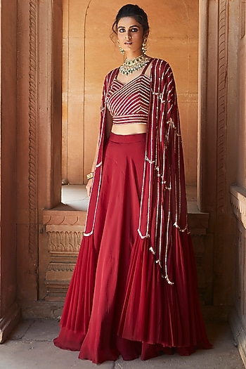 Burgundy Organza Jacket Wedding Lehenga Set by Charu & Vasundhara at Pernia's Pop Up Shop